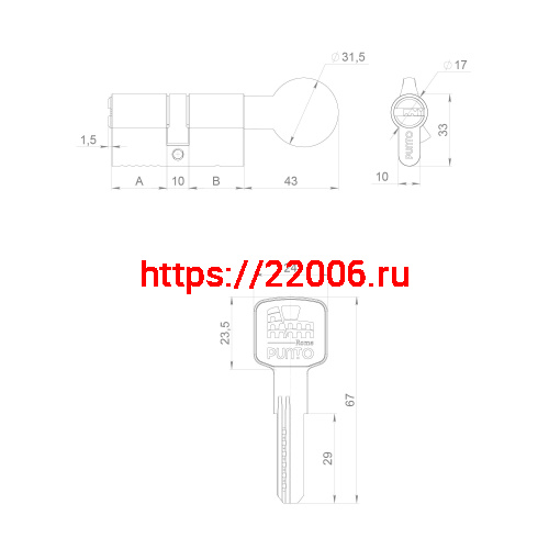 Цилиндровый Punto (Пунто) механизм Z3002Knob80(35+10+35) с вертушкой CP хром фото 3 Цилиндровый Punto (Пунто) механизм Z3002Knob80(35+10+35) с вертушкой CP хром фото 3